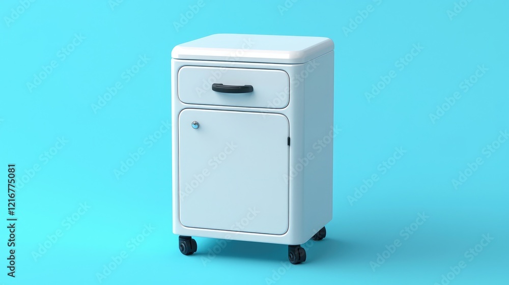 Modern white file cabinet on wheels with a drawer and storage. Perfect for organizing office space with style. Modern white file cabinet on wheels with a drawer and storage. Perfect for organizing office space with style.