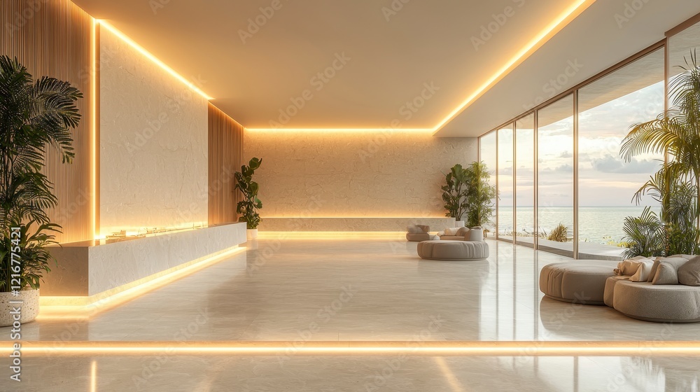 Luxurious hotel lobby with ocean view, warm lighting, and modern minimalist design. Luxurious hotel lobby with ocean view, warm lighting, and modern minimalist design.