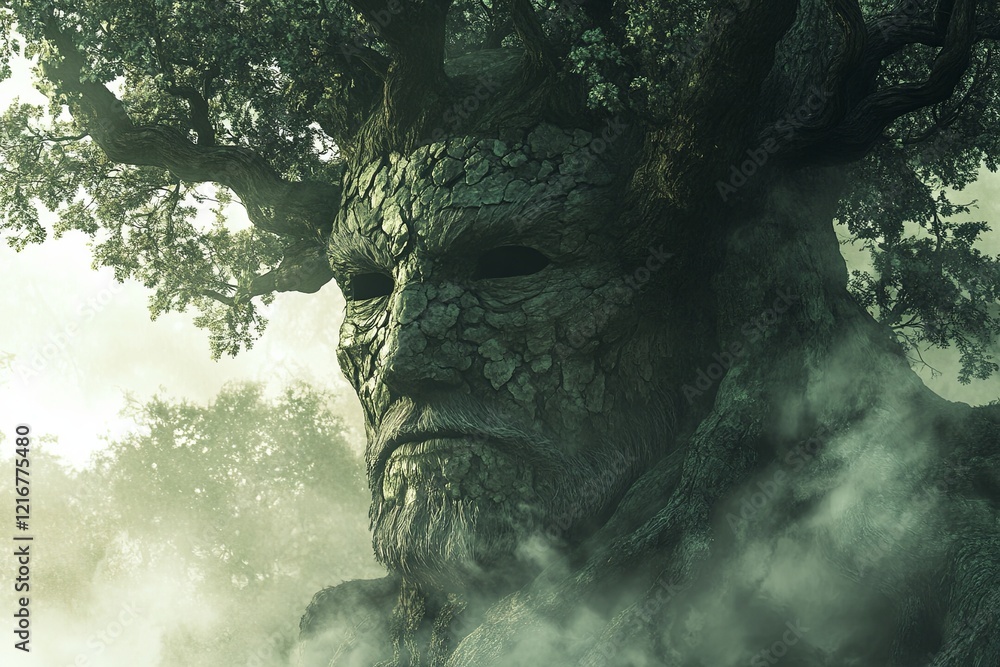 Mysterious giant tree figure with a human-like face surrounded by mist in an enchanted forest. Generative AI Mysterious giant tree figure with a human-like face surrounded by mist in an enchanted forest. Generative AI