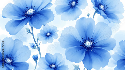 Seamless pattern with blue flowers painted in watercolor style on a white background, elegant floral design