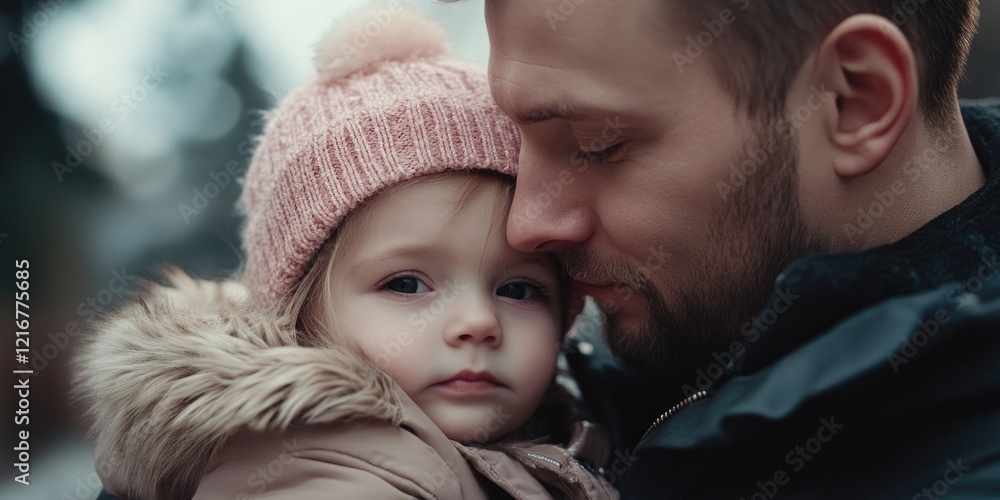 Fototapeta premium A tender moment of a father holding his daughter in the snow, creating memories on a cold day.