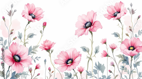 Seamless pattern with Pink flowers watercolor