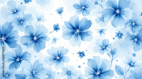 Seamless pattern with blue flowers painted in watercolor style on a white background, elegant floral design