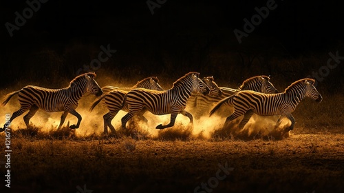 A herd of zebras running across the dusty savanna