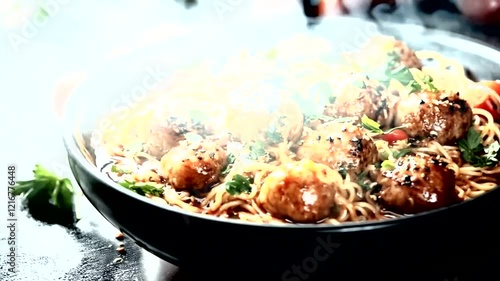 Steaming Bowl of Noodles with Meatballs