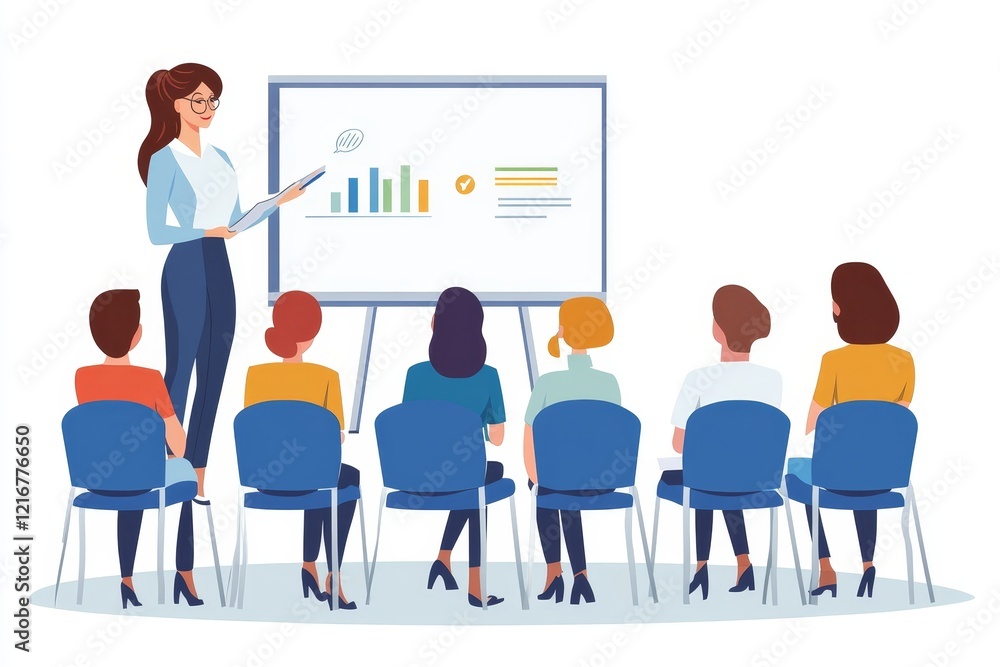 Businesswoman presentation conductor drawing on whiteboard at group training, Generative AI Businesswoman presentation conductor drawing on whiteboard at group training, Generative AI