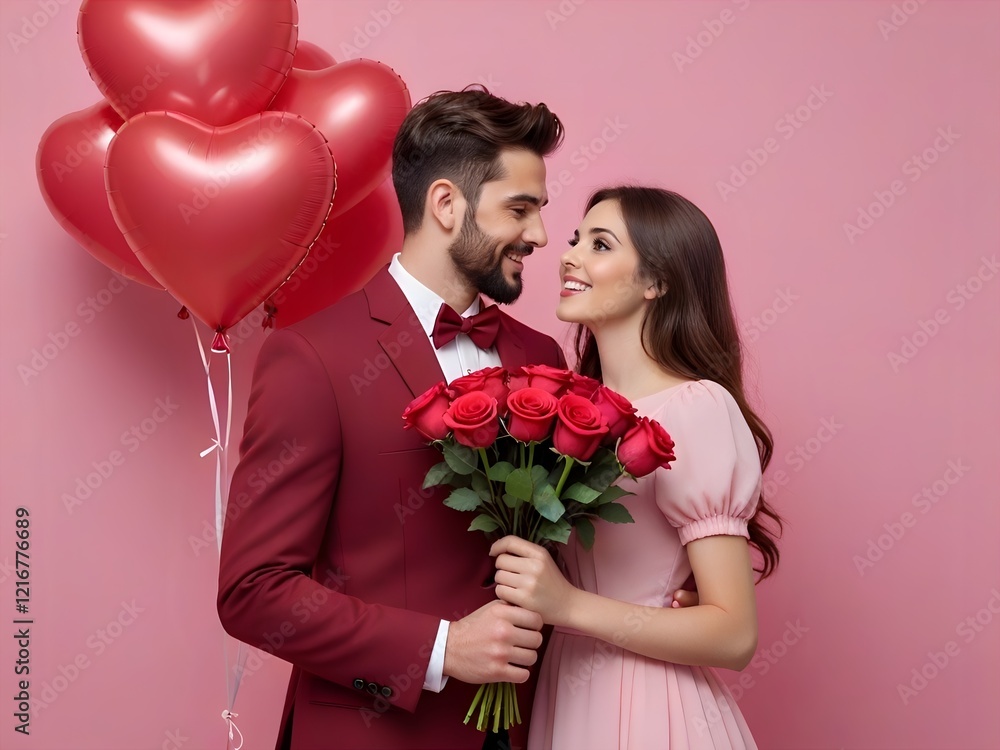 Romantic Couple with Red Roses and Heart Balloons celebrating love in studio setting Romantic Couple with Red Roses and Heart Balloons celebrating love in studio setting