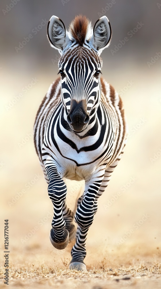 Naklejka premium Front-view running zebra on a light gray background