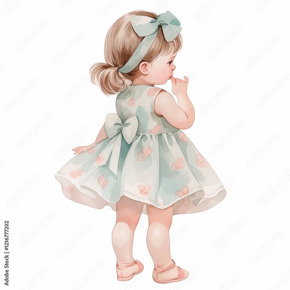 Adorable Toddler Girl in Mint Floral Dress Back View Watercolor Illustration Adorable Toddler Girl in Mint Floral Dress Back View Watercolor Illustration