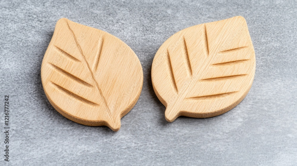 Two wooden leaf coasters on a textured surface, ideal for home decor and eco-friendly living. Two wooden leaf coasters on a textured surface, ideal for home decor and eco-friendly living.