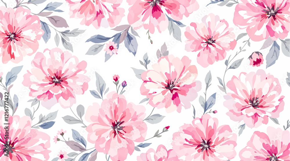Seamless pattern with Pink flowers painted in watercolor style on a white background, elegant floral design