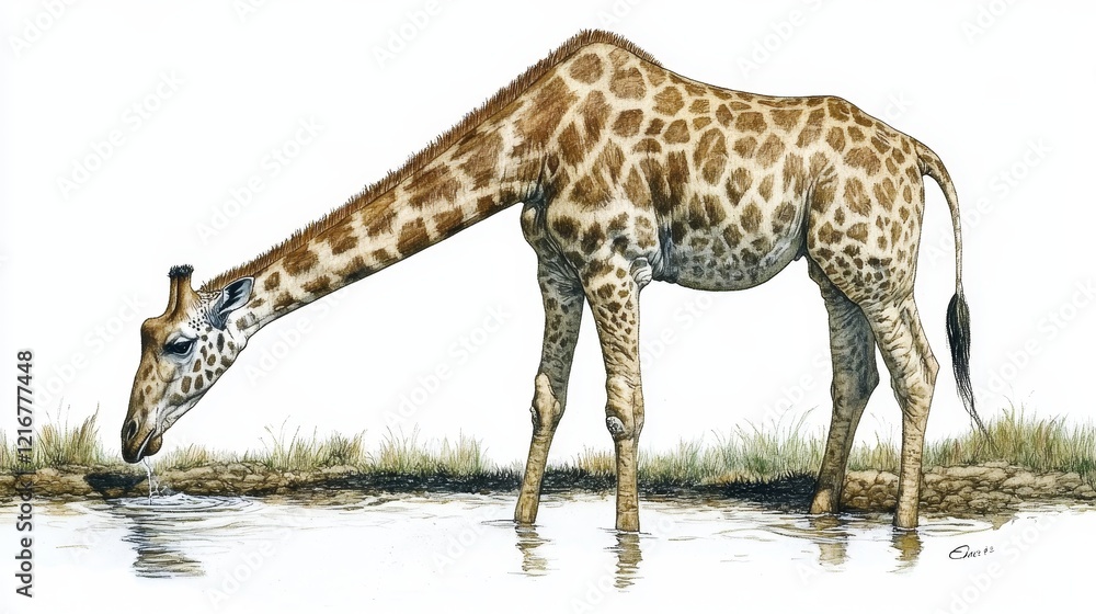 Obraz premium Giraffe drinking water, savanna grassland, long neck, spotted coat