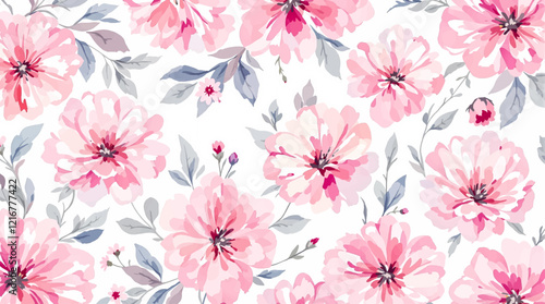 Seamless pattern with Pink flowers painted in watercolor style on a white background, elegant floral design