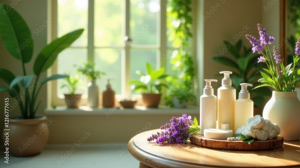 Serene Spa Setting with Lavender and Luxurious Bath Products on Wooden Table