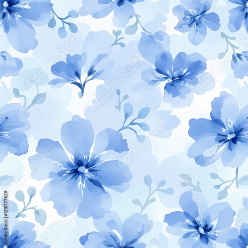 Seamless pattern with blue flowers painted in watercolor style on a white background, elegant floral design