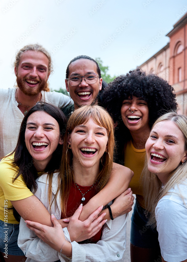 Vertical. Multiracial group of young students embracing and laughing together on a city street, enjoying their time together and expressing genuine happiness and friendship Vertical. Multiracial group of young students embracing and laughing together on a city street, enjoying their time together and expressing genuine happiness and friendship
