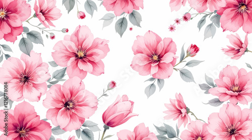 Seamless pattern with Pink flowers painted in watercolor style on a white background, elegant floral design