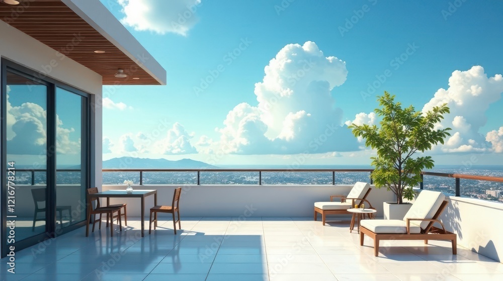 Fototapeta premium Modern Penthouse Terrace with Panoramic City Views and Luxurious Outdoor Furniture