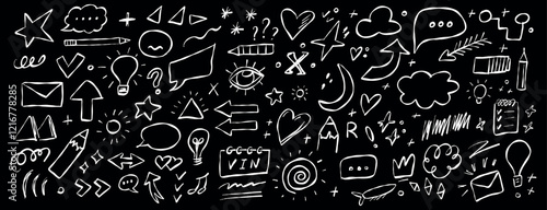 Unique collection of doodles and sketches featuring various symbols and shapes in black and white