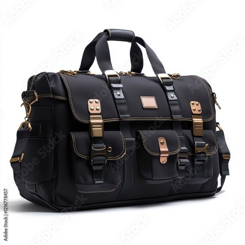 Versatile Black Sport Bag with Multiple Externs on White Background photo