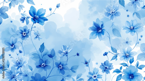 Seamless pattern with blue flowers painted in watercolor style on a white background, elegant floral design