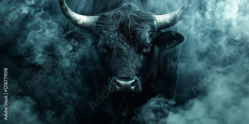 Majestic Black Bull Emerging From Mist With Intense and Powerful Presence photo