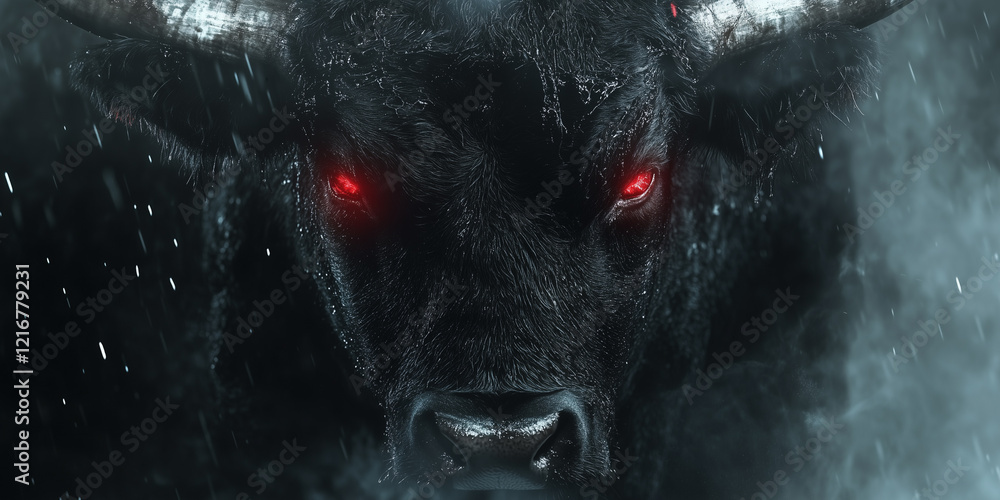 Fototapeta premium Dark and Powerful Bull With Glowing Red Eyes in Dramatic Atmosphere