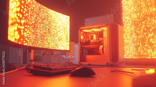 Illuminated PC setup, orange glow, workspace, data visualization, gaming