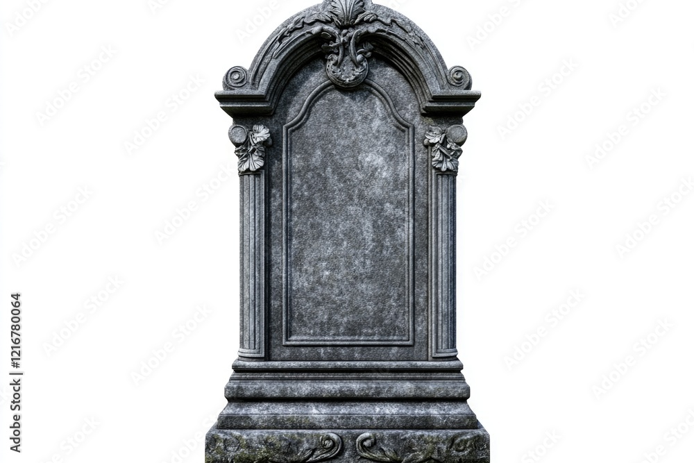 Obraz premium Cemetery stone headstone with weathered appearance, intricate design elements.
