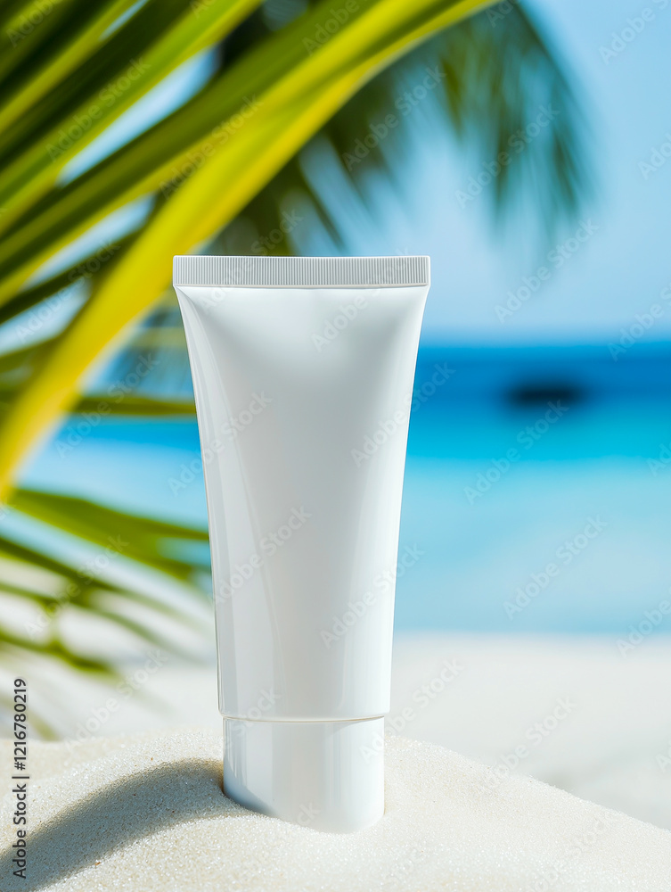 A tube of cream on the sand of a beautiful beach. Promotional photo of a cosmetic product. A tube of cream on the sand of a beautiful beach. Promotional photo of a cosmetic product.