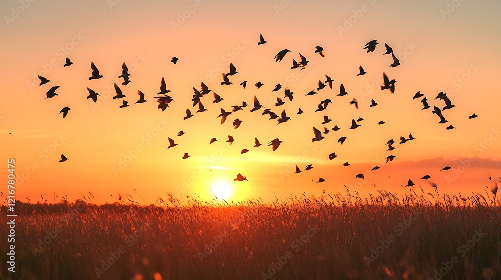 Sunset Flight of Birds Silhouetted Against the Sky Sunset Flight of Birds Silhouetted Against the Sky