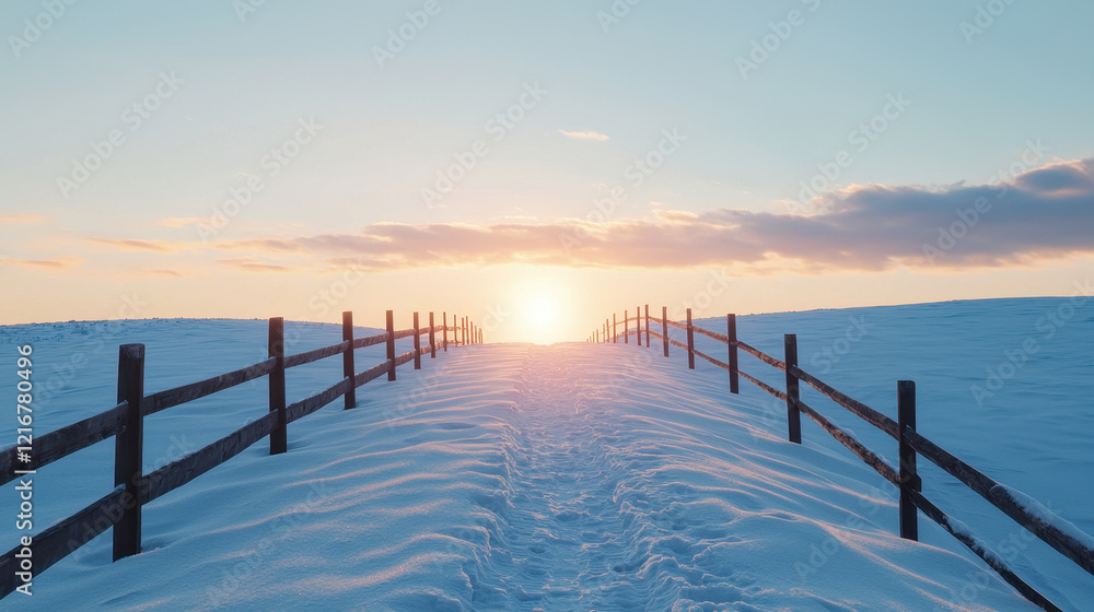 Obraz premium serene winter landscape with snow covered path leading to sunset