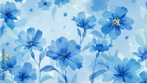 Seamless pattern with blue flowers painted in watercolor style on a white background, elegant floral design	
