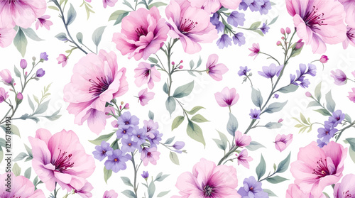 Seamless pattern with pink flowers painted in watercolor style on a white background