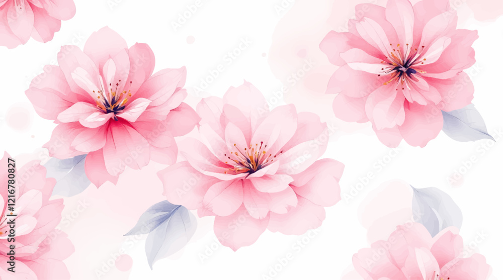 A white background with pink flowers in the foreground A white background with pink flowers in the foreground