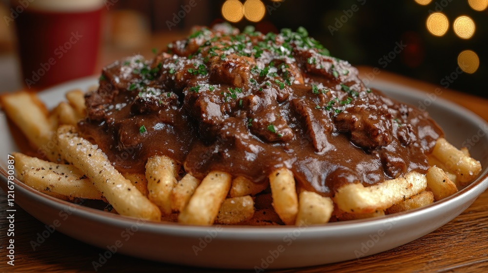 Festive Beef Poutine, fries, gravy, restaurant, bokeh Festive Beef Poutine, fries, gravy, restaurant, bokeh
