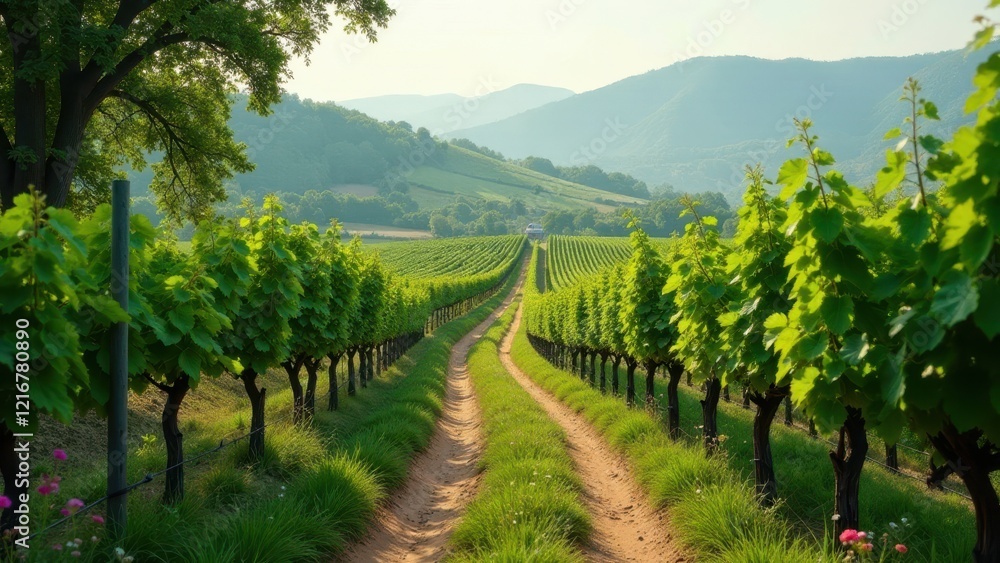 Serene Vineyard Path Winding Through Lush Green Vines Towards Distant Hills Under a Sunny Sky Serene Vineyard Path Winding Through Lush Green Vines Towards Distant Hills Under a Sunny Sky