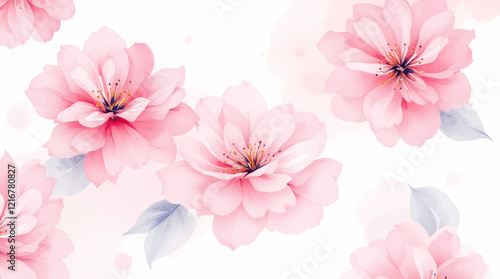 A white background with pink flowers in the foreground