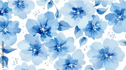 Seamless pattern with blue flowers painted in watercolor style on a white background, elegant floral design