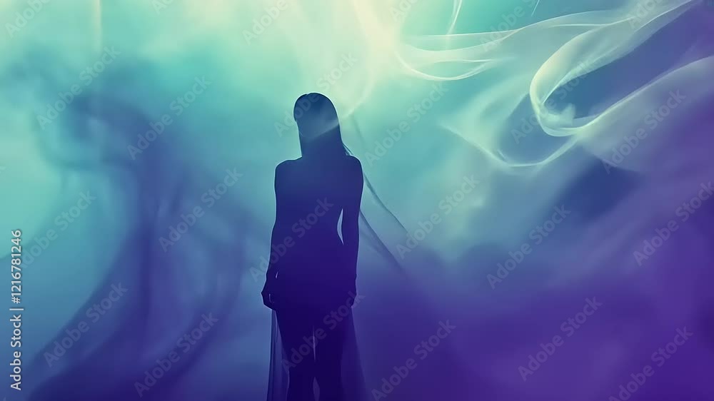 Ethereal silhouette of a woman surrounded by colorful smoke in a dreamlike atmosphere Ethereal silhouette of a woman surrounded by colorful smoke in a dreamlike atmosphere