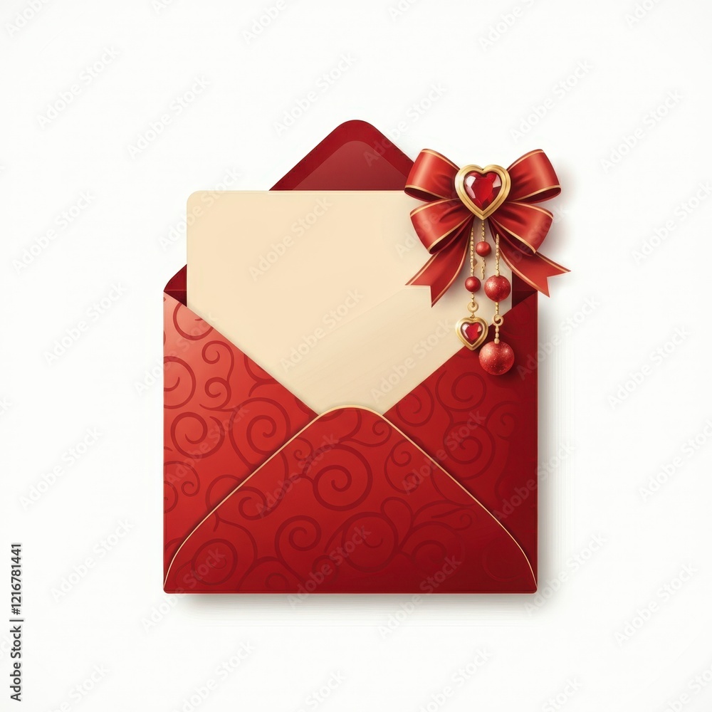 Elegant red envelope with decorative bow and hearts for special occasions Elegant red envelope with decorative bow and hearts for special occasions