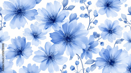 Seamless pattern with blue flowers painted in watercolor style on a white background, elegant floral design