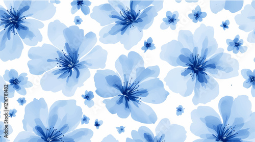 Seamless pattern with blue flowers painted in watercolor style on a white background, elegant floral design	