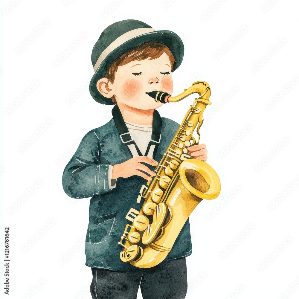 Naklejka premium Adorable Young Boy Musician Playing Saxophone Watercolor Illustration