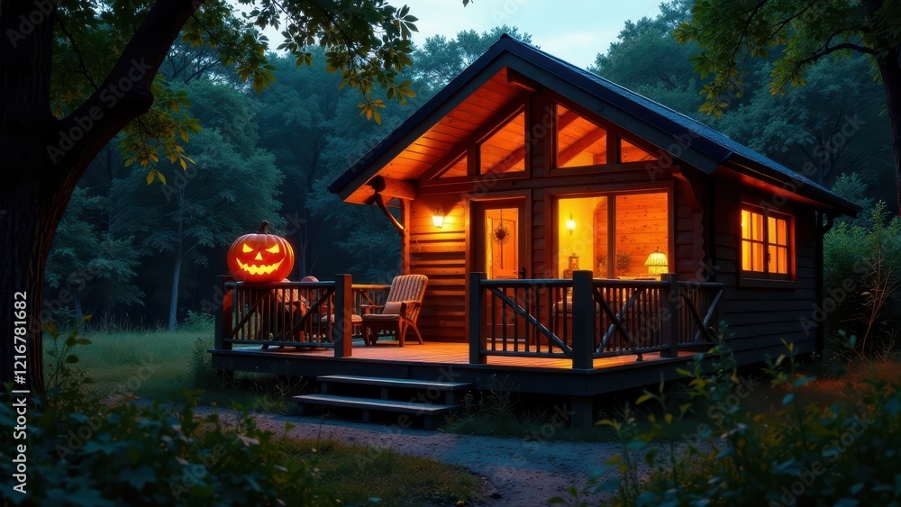 Illuminated Log Cabin Retreat in the Woods with a Festive Pumpkin Lantern