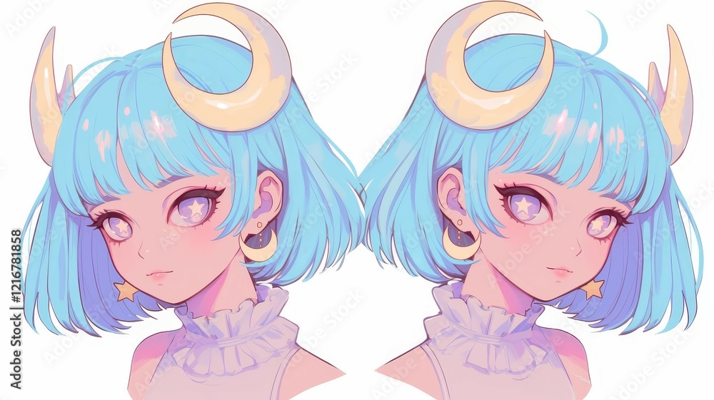 Adorable Anime Girl with Pastel Blue Hair Crescent Moon Horns and Starry Eyes Adorable Anime Girl with Pastel Blue Hair Crescent Moon Horns and Starry Eyes
