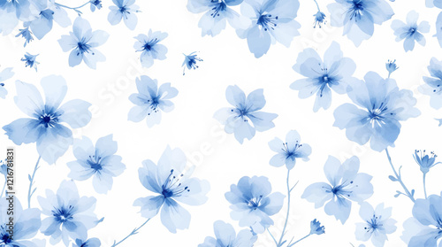 Seamless pattern with blue flowers painted in watercolor style on a white background, elegant floral design	