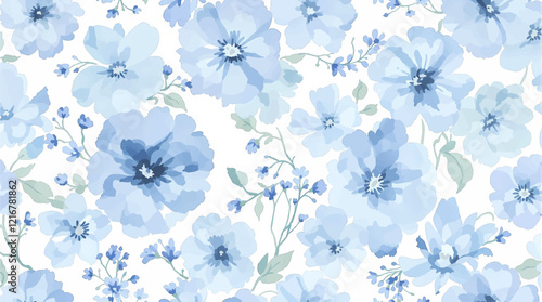 Seamless pattern with blue flowers painted in watercolor style on a white background, elegant floral design	