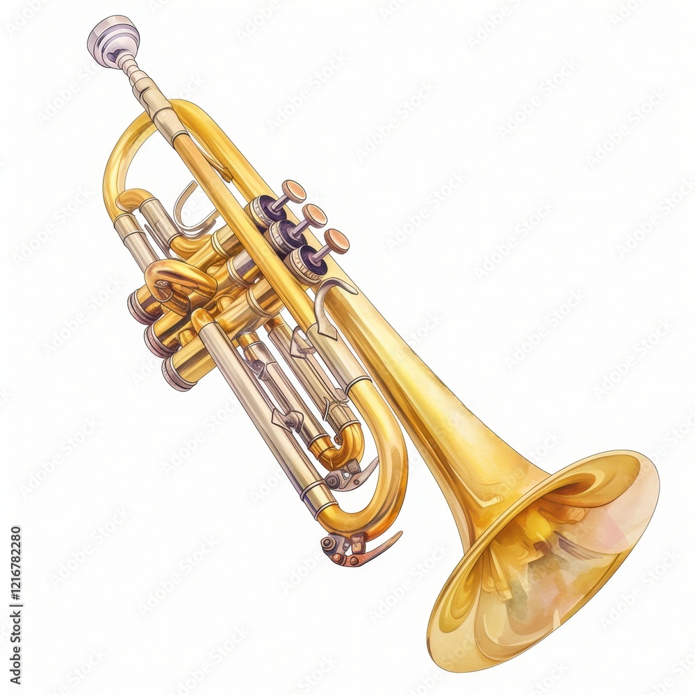 Obraz premium Golden Trumpet Brass Musical Instrument Watercolor Illustration Detailed Closeup View