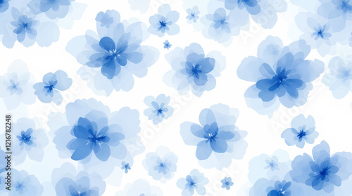 Seamless pattern with blue flowers painted in watercolor style on a white background, elegant floral design	